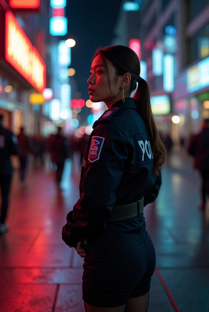 alone, (police uniform, the policewoman), Socks, city lights, (looking up at the audience: 1.3), Lips apart, Red lips, shiny skin, Dents in the skin, best quality, ultra high resolution, (真实感: 1.2), (( Full body)),((full Body)),