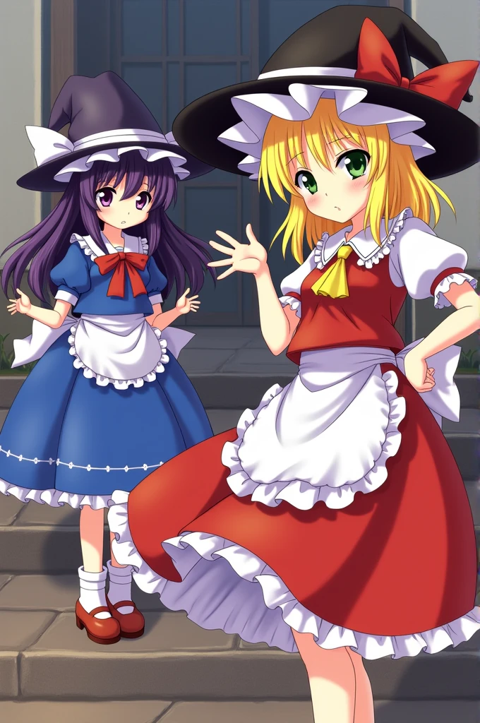 Reimu 博麗の巫female female Black Hair Marisa is characterized by her red ribbon 魔female female Blonde The two main characters are wearing black hats