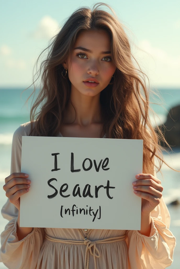Beautiful girl with wavy long hair, bohemian dress, holding a white board with text "I Love Seaart Infinity" and showing it to the viewer