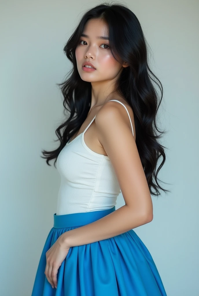 Generate a 23 year old girl wearing blue sort skirt , black long hair , with full body, picture ratio 1.1, (Instagram), her face looking very attractive