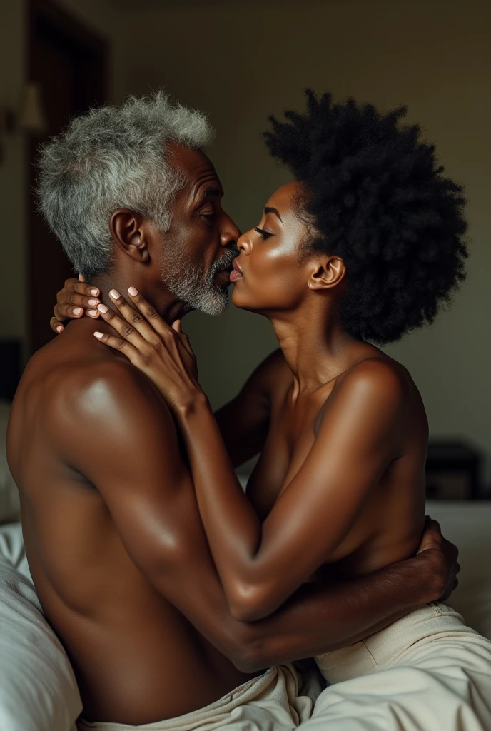 A 50-year-old black woman with wrinkles gives her age by kissing an 18-year-old without clothes,in a bed