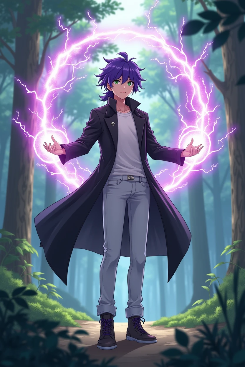 A Genshin impact character, that is average looking, purple hair, mullet haircut, green eyes, soft face but fierce, black overcoat with white pants and tshirt, about 187cm, in a scenery in the woods, where he showcases a three mana circle with purple lightning power, it is anime style