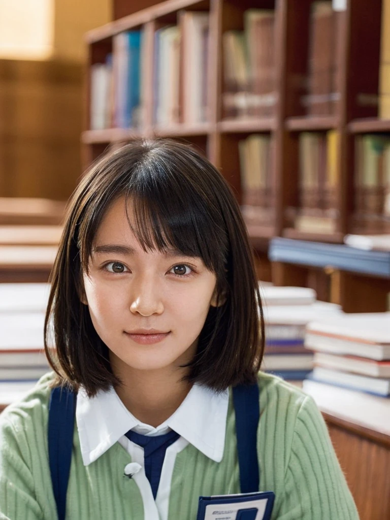 One Girl, (beautiful girl, Delicate girl:1.3), (:1.3),
break, (Uniform Costume:1.3),
break, (Sitting in the library:1.2),
break, Very beautiful eyes, (Symmetrical eyes:1.3),
break, Small breasts, Brown eyes, Parted bangs, Brown Hair, (Upper teeth, The best smile:0.2),
break, (Eye and facial details:1.0),
break, (masterpiece, Highest quality, Very detailed, Detailed face, 8k)