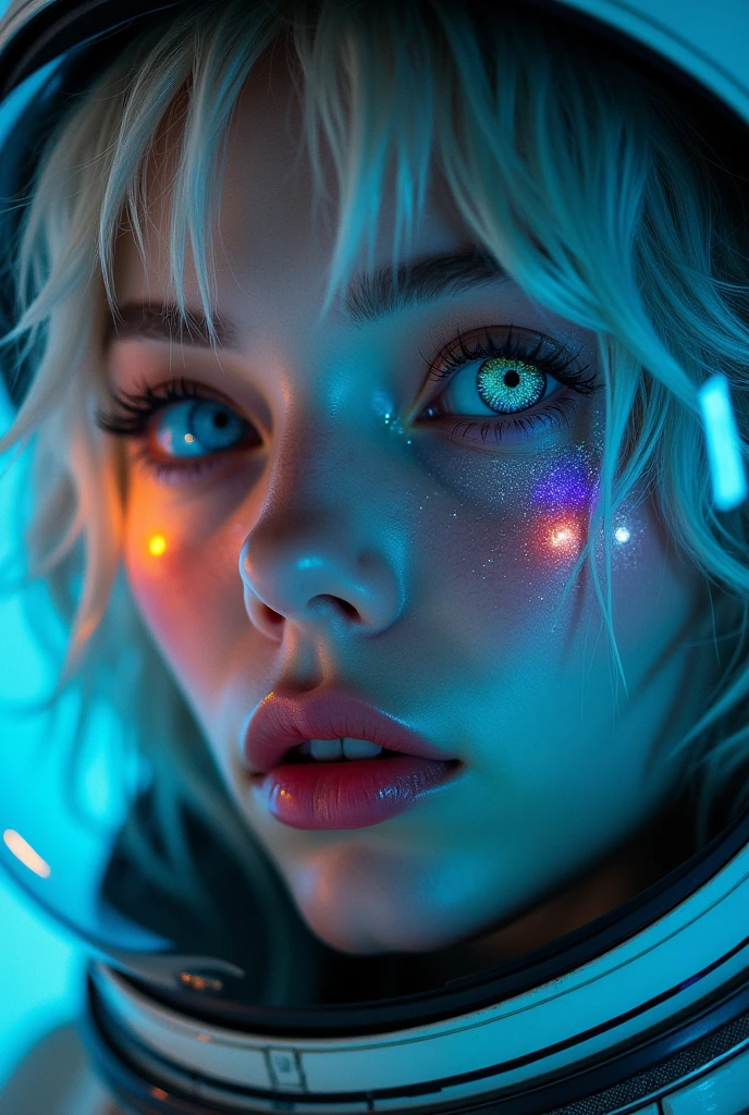 (Close-up of a better masterpiece:1.5)0.9], (Space and astronauts:1.2) (Messy silver hair:1.1) (Heterochromia xanthochromia and blue eyes:1.2) (Space Helmet:1.0) (Colored stars in the eyes:1.0) (A radiant glow:1.1) (thick lips:0.9)