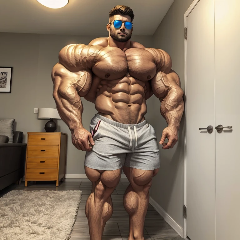 hyper growth, hyper muscles, furry growth, a very handsome young man, white skin, sunglasses, shirtless wearing gray shorts, exaggeratedly huge body, exaggeratedly muscular, exaggeratedly huge muscles, exaggeratedly huge arms, biceps and shoulders, with exaggeratedly huge pecs, with an exaggeratedly huge bulge, standing in an apartment