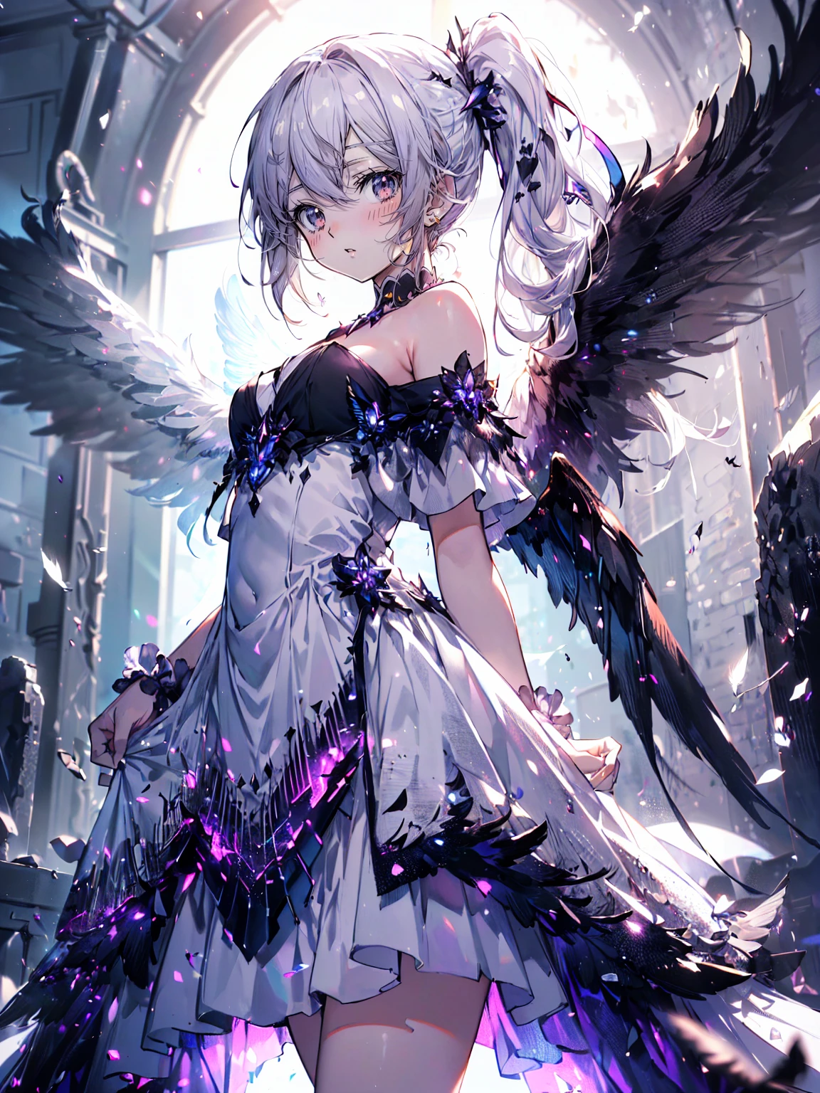 ((Superbly detailed drawing, ultra detailed, exquisite quality, absolutely resolution)), (((Perfect body))), (((Complete Hand))), cowboy shot, (Black wings:1.5), Very long hair, Side Ponytail, choker, Holding, Off the shoulder, (White Dress:1.5), White jacket, (anime moe art style:1.2), (particle effect, caustics:1.2), ray tracing,