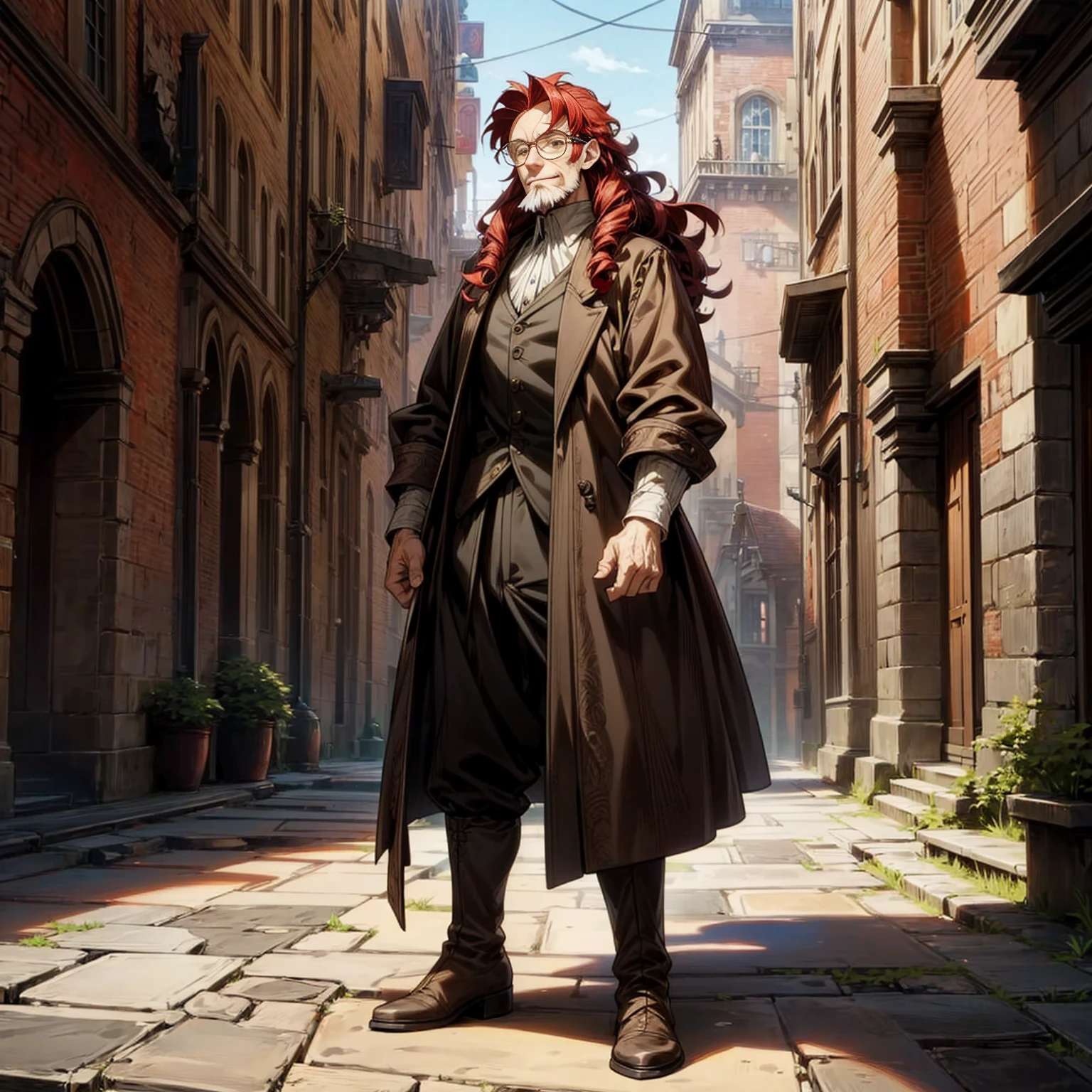 Solo character, full body version, Old man, chin beard, muscle, tall height, brown eyes, red color hair, long curly hair, glasses, formal clothing, boots, outdoor, town, medieval, morning, detailed background, detailed clothing, detailed hair, happy, (Hunter x Hunter style art), standing gesture 