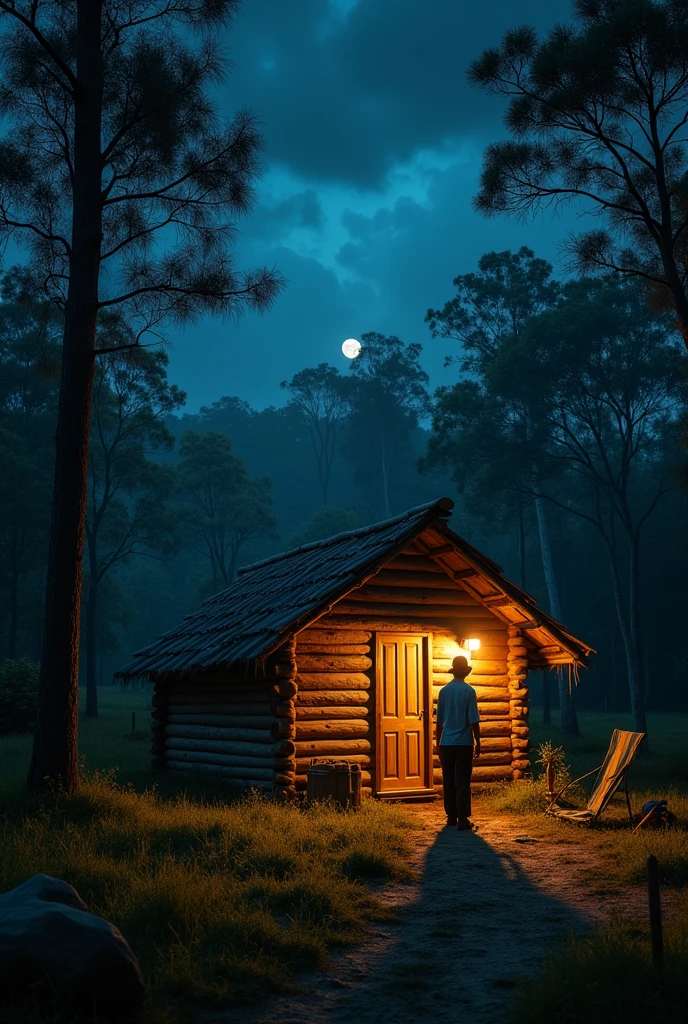 CREATE AN IMAGE OF AN OLD PEASANT FROM PERU WITH HIS DOG BARKING AT A SPIRIT IN THE NIGHT, AMONG YOUR CABIN WITH BANANA AND COFFEE TREES , IT'S EVEN A STORY