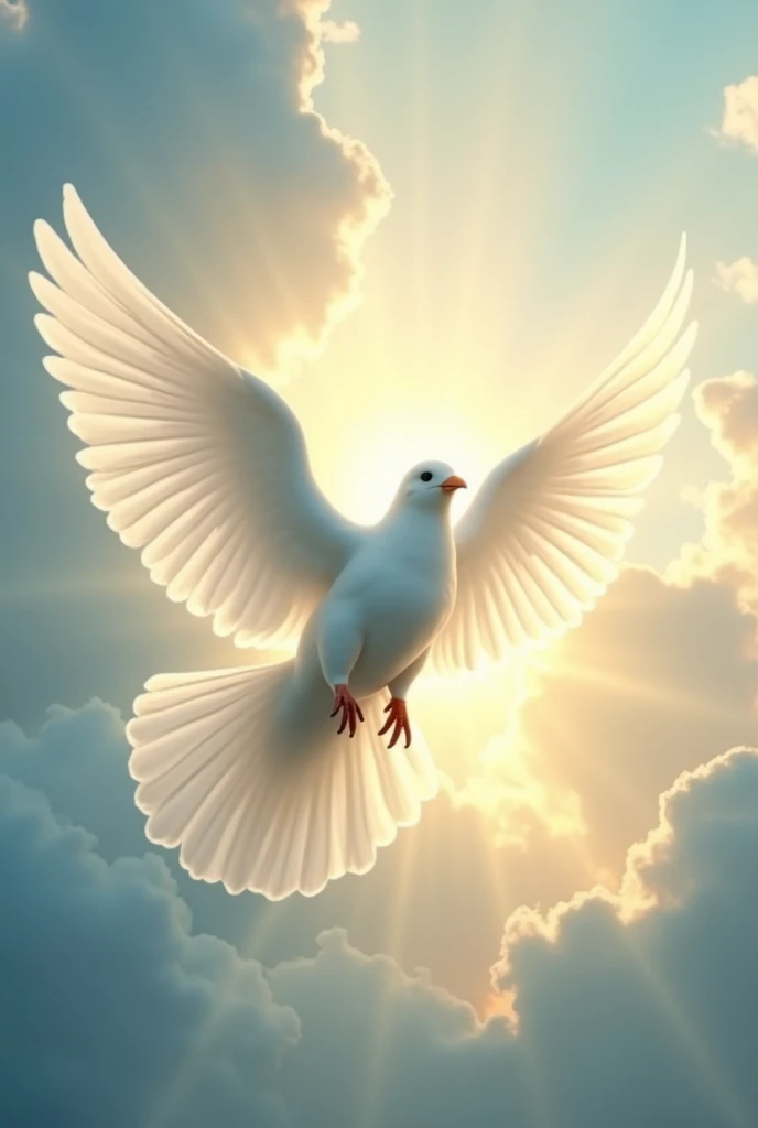 Create a serene and inspiring image of the Holy Spirit, symbolized as usual to be luminous. The being must have an ethereal appearance, with their wings outstretched in a graceful gesture, radiating divine light all around. Feathers should be detailed and shiny, reflecting a soft golden halo that symbolizes peace and holiness. The background should be a heavenly mix of soft colors like sky blue., white and gold, representing heaven and a sense of tranquility and spirituality. Add bright rays of light emanating from the dove, creating a sacred and divinely inspired atmosphere. The image should convey a sense of hope, peace and divine presence, evoking the essence of the Holy Spirit in its purity and majesty.