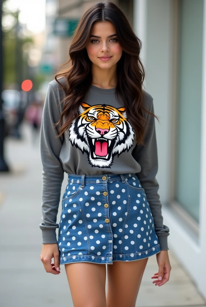 Selena gomez wears a grey wild tiger longsleeve and blue polka dot mini skirt bare legs full outfit from head to toe