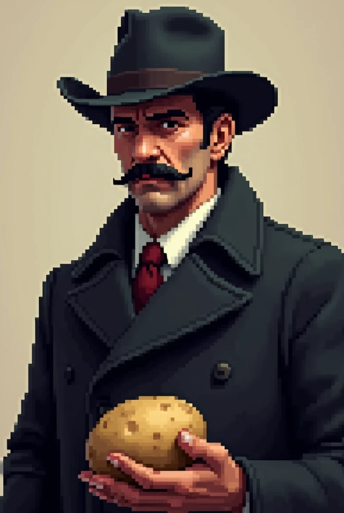 1 man with mustache wearing black coat and black hat holding potato pixel version