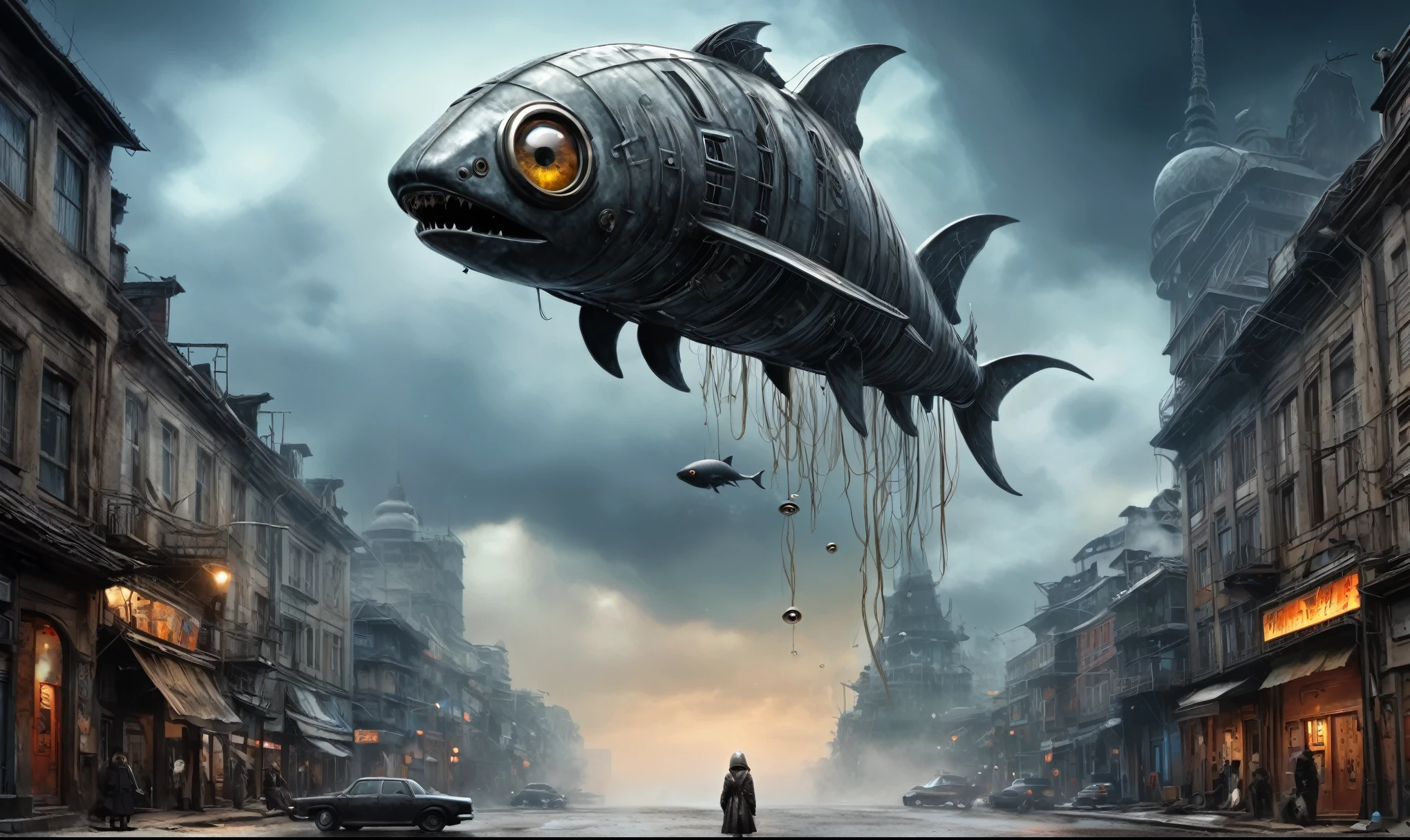 fish eyes, A Modern flat toon Crazy whit a Big ONE a Only Eye Robot USSR , and helmet Style, tongs in hands, pinhead, camouflage Rusty, Ambient in a meteorite ,graphite old witch after a psychiatric clinic,winter,intricate landscape,slate grey atmosphere,film grain,,faded,snake eyes extremely detailed,another world,ring of truth,French Braid with a Twist,view from height,once pretty face,eyebrow up,full body shot,ominous landscape, Simon Stalenhag,Nicola Samori,full body shot,beggar paladium The Alien Entity,Technicolor,natural skin textures, hyper realism, hyper detailed,Extremely detailed,High contrast,Masterpiece,Realistic,Ultra Detailed, intricate details,realistic humid leather,extremly intricate,Epic Realistic, cinematic style,irina yermolova,high contrast,hdr,extremely detailed, deep night landscape,masterpiece,intricate details,faded,eyes extremely detailed, high detailed eyes,8k resolution,RAW,retina, Nikon Z9,China,Guangxi Zhuang of China,tkt style,ears perfect, transition between two art styles, Ink painting to photorealism, Double contact, X-ray, Creative, vivid light, masterpiece, fantasy, Abstract, Surrealism, super detailed, high resolution, stop:35;(((creature with a spectral and ghostly appearance)). Her skin is pale, almost translucent,ancient rock,sharkfish's leather,In a vibrant and mesmerizing artwork, a hot air soars through the layers of clouds, revealing a colossal and enigmatic cityscape nestled within. The buildings in this ethereal city are adorned with intricate details and exude an aura of mystery. Above the cityscape, lend an enchanting touch to the scene. steampunk. The intricate mechanics create a sense of wonder and fascination, as if stepping into a dreamlike realism