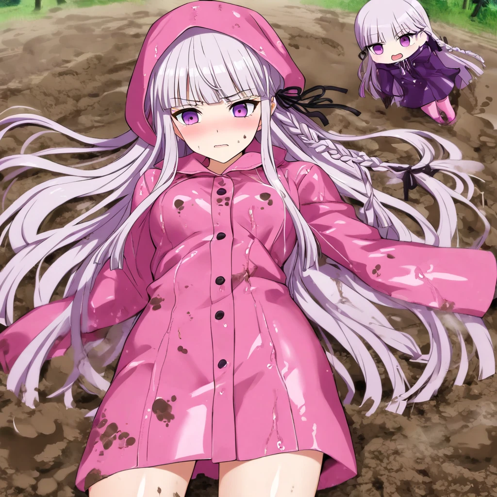 a girl laying in muddy field, wearing a long pink shiny buttoned raincoat, ((shiny pink raincoat)), ((muddy clothes)), wearing raincoat hood, covered in mud, mud splatters, ((long pink hunter rain boots)),embarrassed expression on her face, (kirigiri,  purple eyes, kirigiri kyouko, purple hair, ribbon, hair ribbon, braid, blunt bangs, black ribbon, side braid)