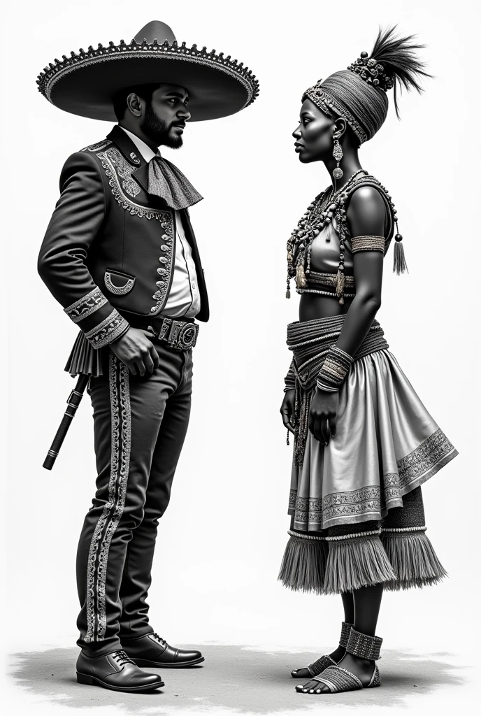 Mexican Mariachi facing a South African Zulu woman, drawing style