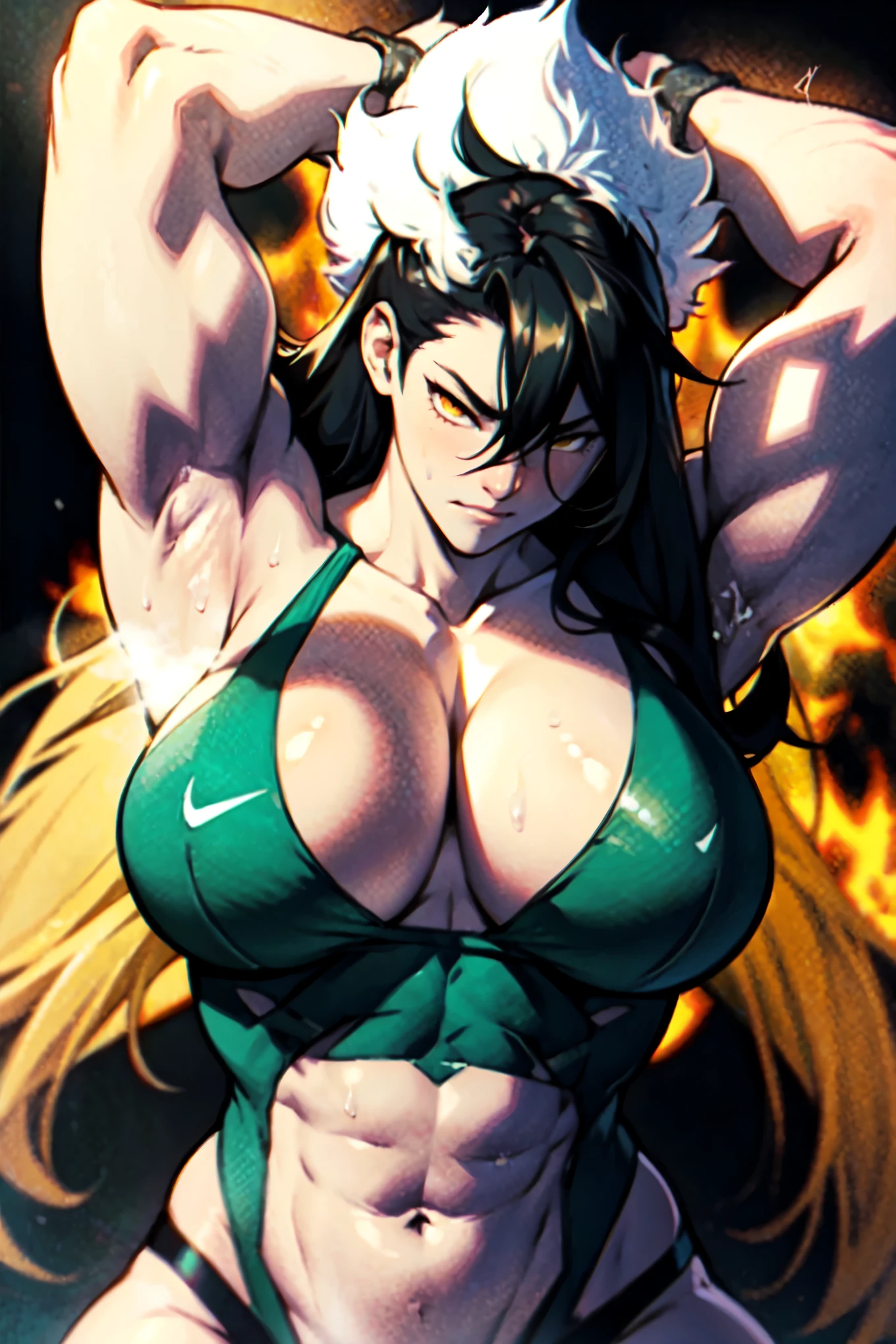 empty eyes embarrassed girl female huge breasts breasts pale skin 1girl muscular toned body huge breasts thick thighs black hair yellow eyes bodybuilder