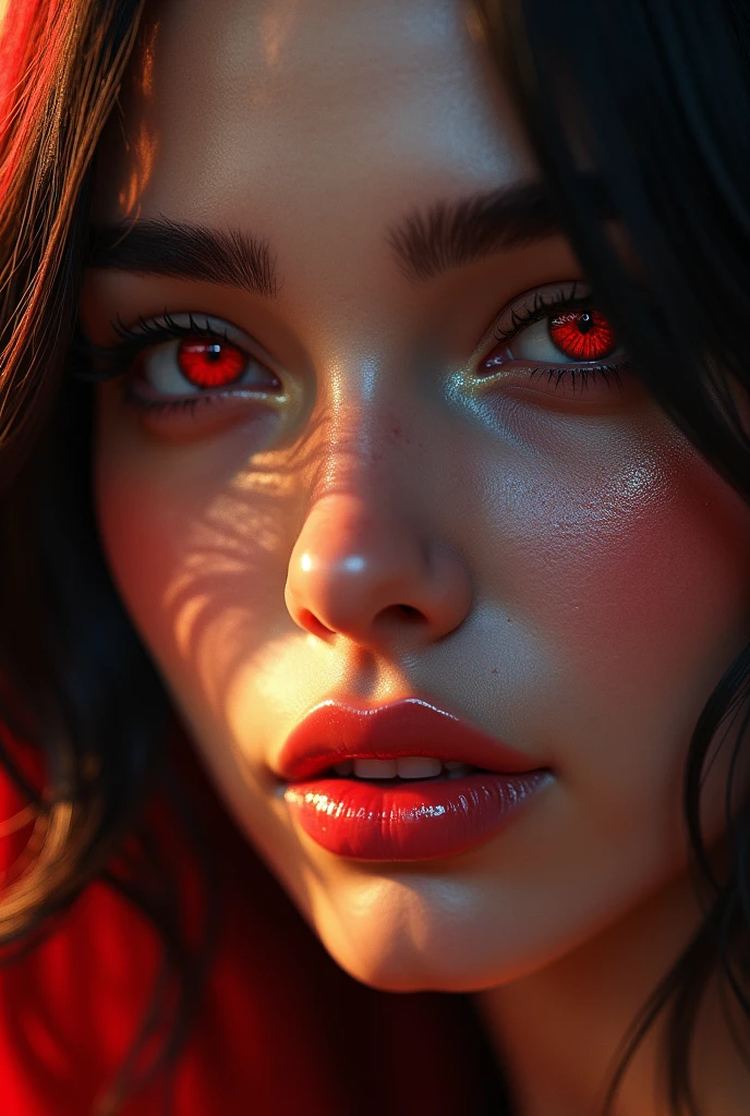 aesthetic lady tanned white skin lady, Black and red hairs mark facial jewels PERFECT MASTERPIECE, EXTREMELY DETAILED CG UNITY 32K UHD QUALITY RESOLUTION WALLPAPER, photorealistic, raw photo, PERFECT PHOTOGENIC CLARITY, official art, PRIZE WINNING PORTRAIT, ULTRA HYPERREALISTIC, ultra hyperdetailed, SHINING REALISTIC SKIN, ray tracing, unreal engine 5.8k, BRIGHT AMBIENT LIGHT cyberpunk, Portrait of an Arab girl's face, anime lips, mouth and tongue bite (((Red eyes)))