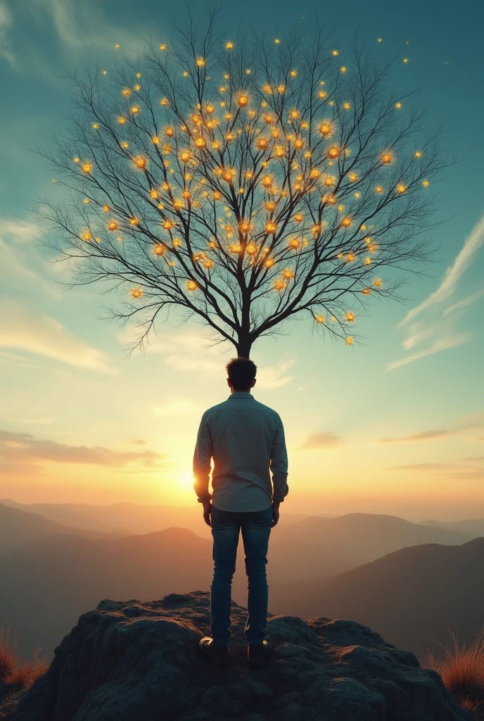 a man with his back looking at the horizon with all his ideas flowing from his mind