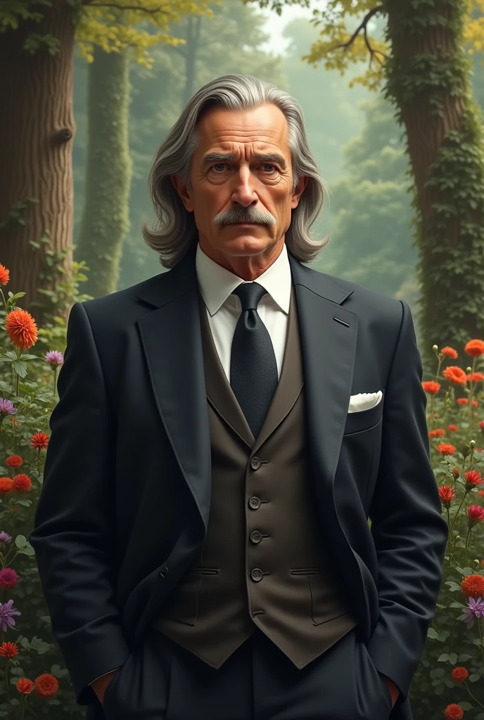 ((best quality)), ((masterpiece)), (detailed), perfect face, middle aged man, suit, long hair, flower and tree background