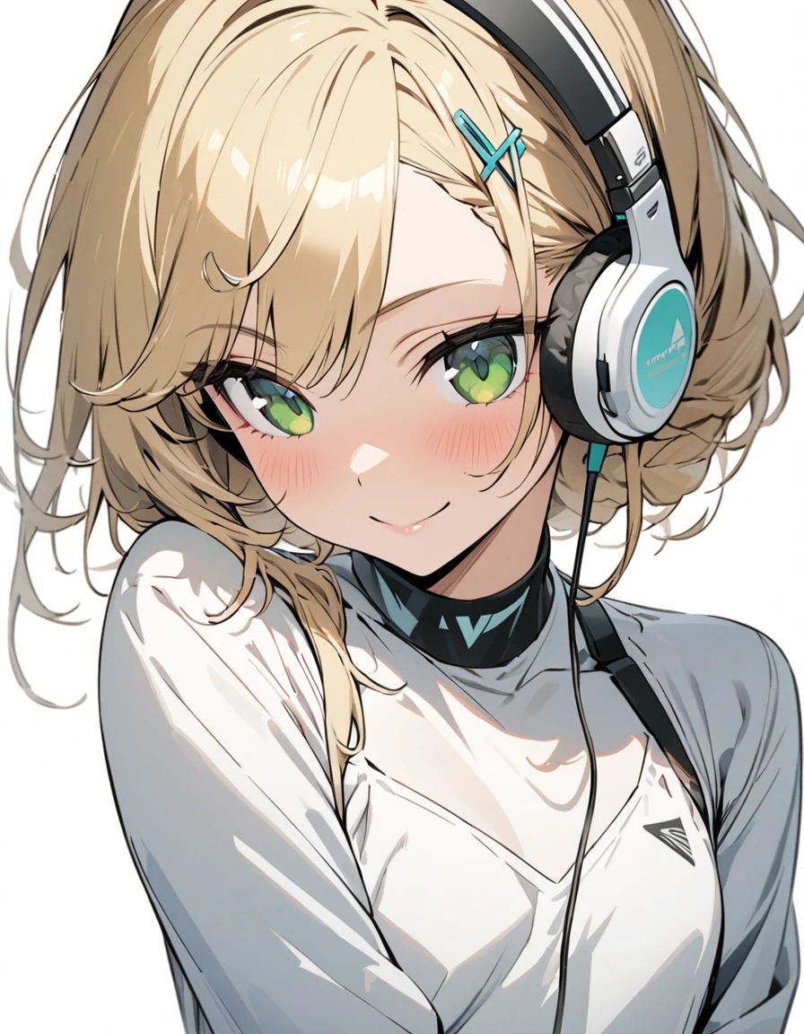 ((ultra-detailed))/one women, short blonde hair and bob hair.、beautiful green eyes、a braid, I tied my hair in a bun with a hair clip..、smile、gentle smile on her face、flat chest, one Beautiful girl,((masterpiece, illustration, best quality) ((ultra-detailed))/solid white background,blank background, while wearing wireless white headphones, full upper body