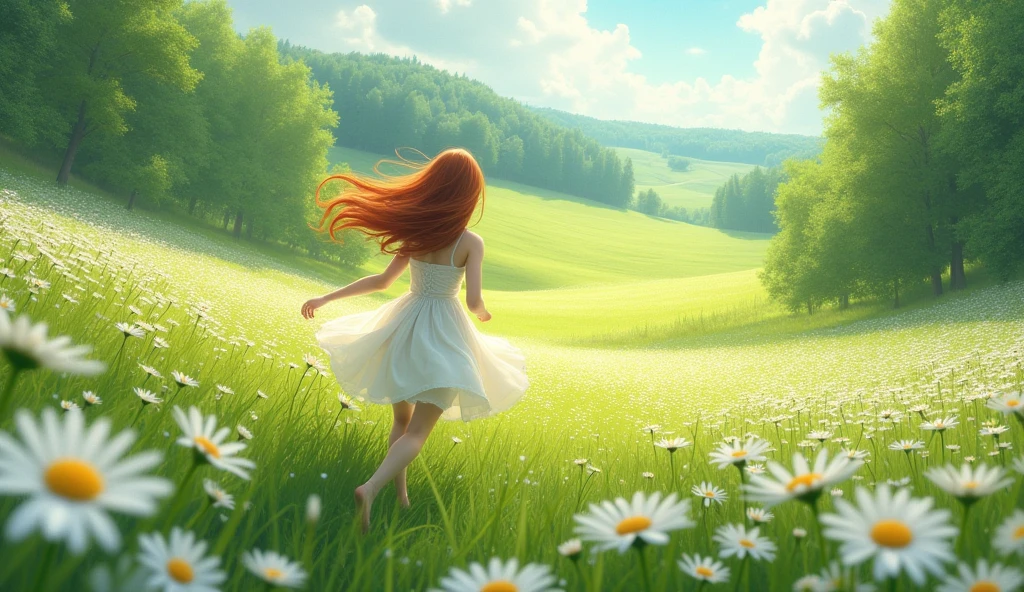A greeny landscape with trees around it and with ocean of white daisy flowers and the ambience is so light and peaceful where a woman with a long red-brown hair and wearing a white dress running in the midst of it but her back only is visible. make the picture from the sky down to landscape. make the green grass long