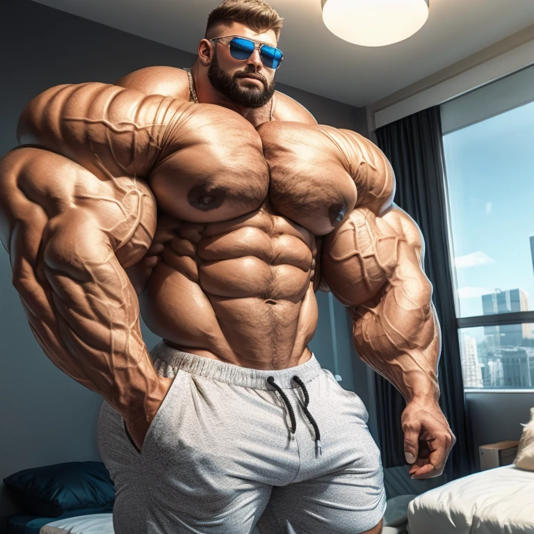 hyper growth, hyper muscles, furry growth, a very handsome young man, white skin, sunglasses, shirtless wearing gray shorts, exaggeratedly huge body, exaggeratedly muscular, exaggeratedly huge muscles, exaggeratedly huge arms, biceps and shoulders, with exaggeratedly huge pecs, with an exaggeratedly huge bulge, standing in an apartment