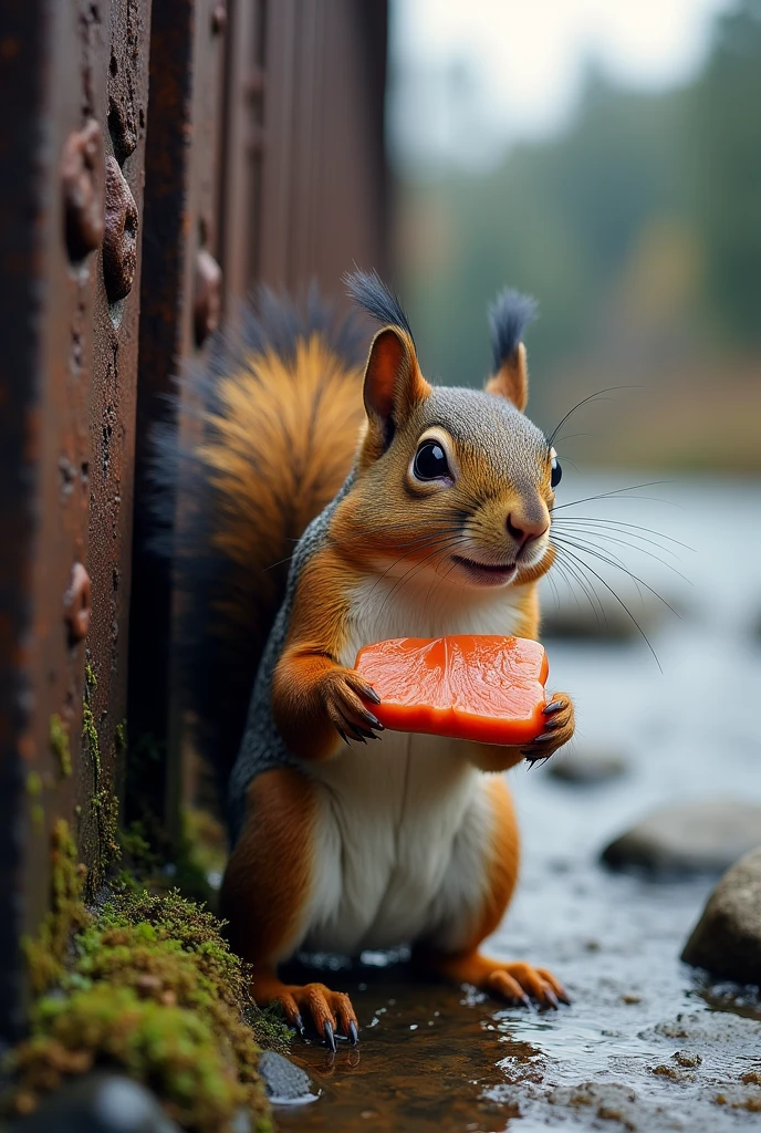 A squirrel holding a piece of salmon, standing next to a large iron structure, with a river flowing nearby.
1024×1024pixl