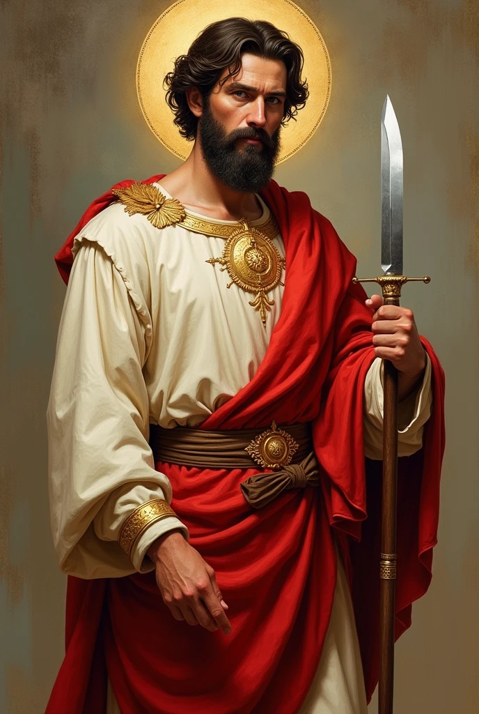 image of Saint Bartholomew the Apostle has a cream and red suit, has a knife in his right hand, dark brown hair and beard