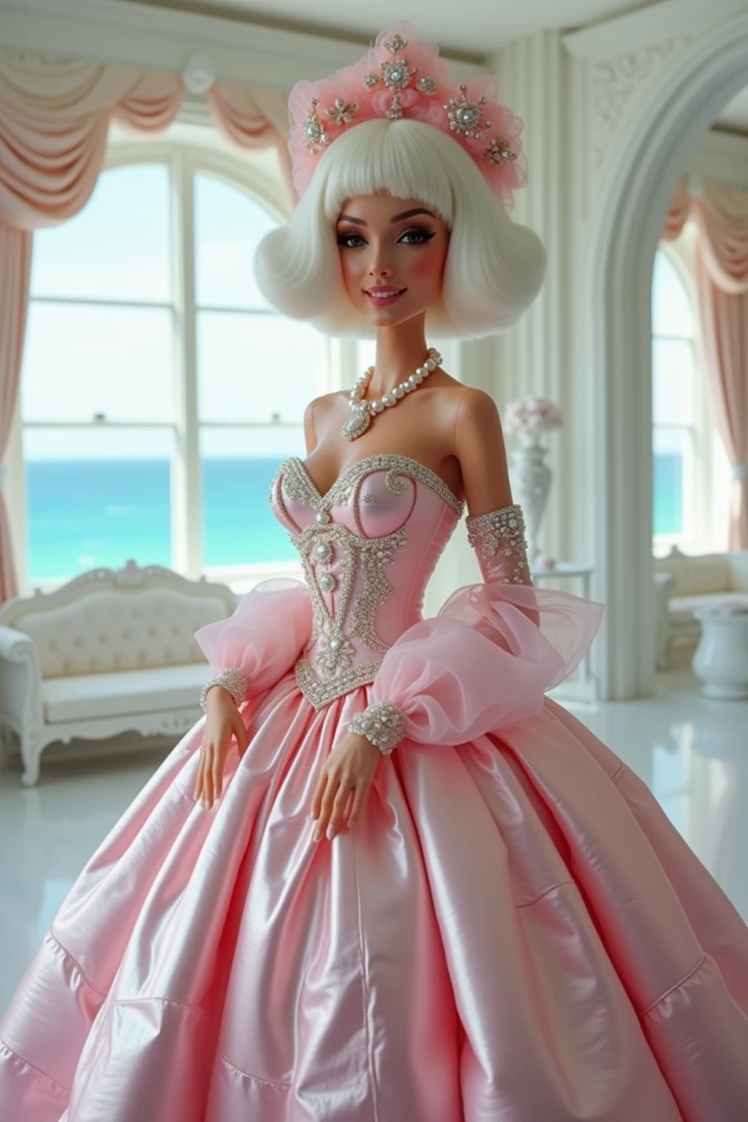 Closeup of a beautiful ravishing smiling pinup coronation actress lovable affectionate tropical Barbie in shiny metallic satin in a gigantic white rococo bedroom with sofas, vases, high canopies and sea view. Embroidery plastic gown in pink silver shiny metallic plastic colors. Inflatable plastic gigantic sleeves. Enormous plastic crinoline. Ruched tulle organza sleeves covered with pearls, bows, brooches. White hair and complicated colossal white baroque wig with bows, brooches and pearls. White floor.