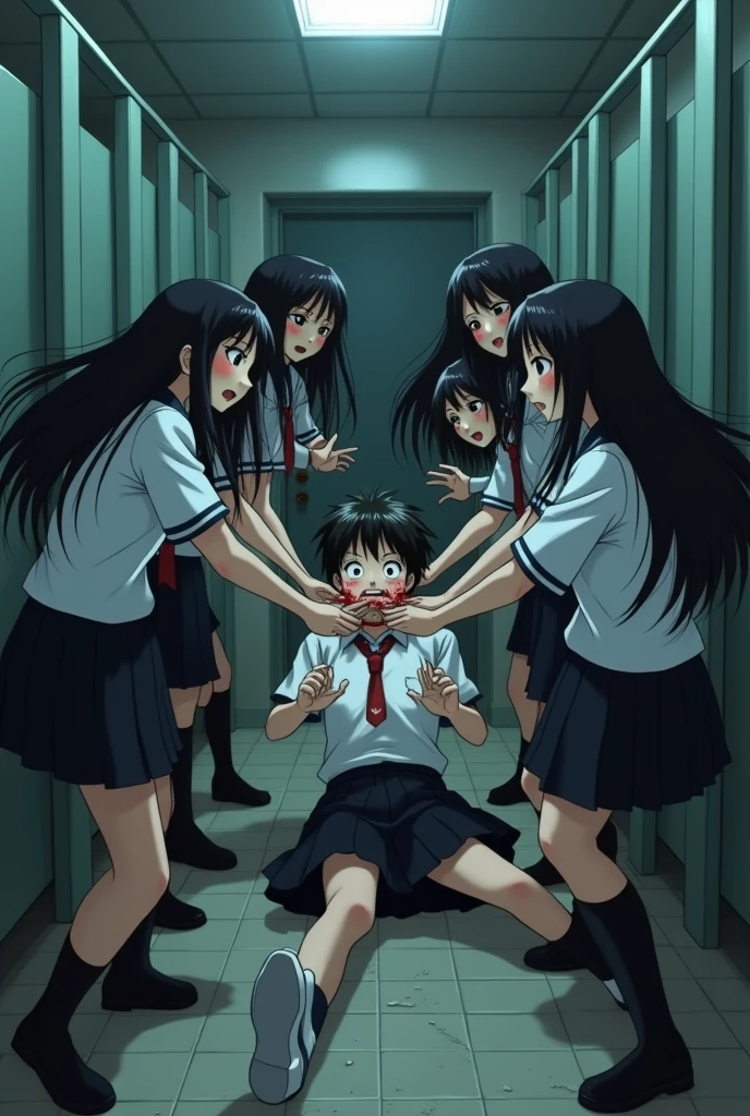 Group of school girls in black skirts and long hair choking dead boy by strangling him in bathroom with neck rope in anime