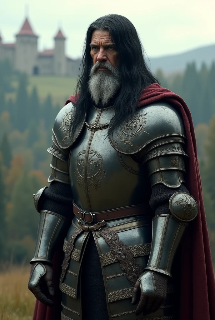 A medieval knight with long black hair with streaks of white hair