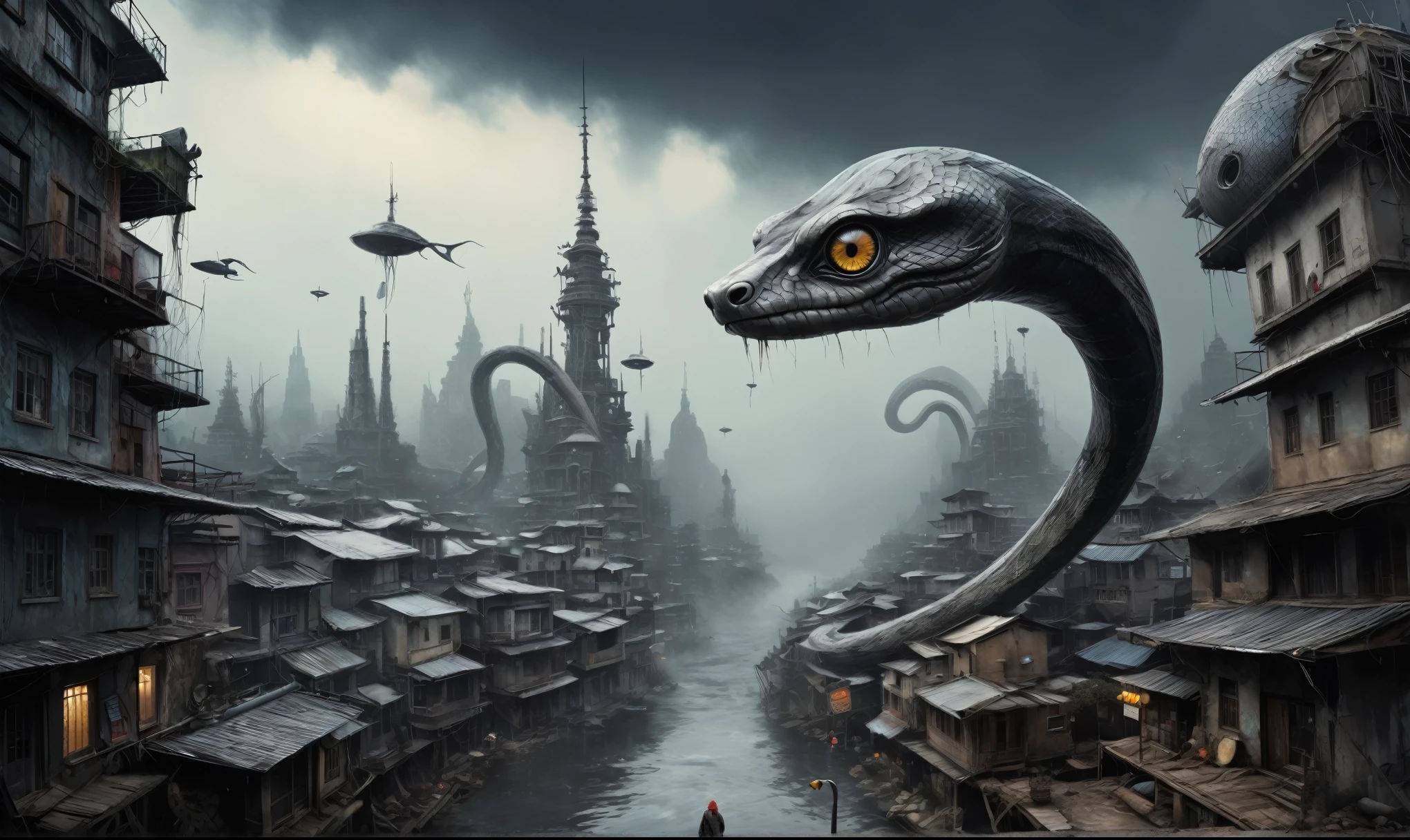 fish eyes, A Modern flat toon Crazy whit a Big ONE a Only Eye Robot USSR ,pinhead, camouflage Rusty, Ambient in a meteorite ,graphite old witch after a psychiatric clinic,winter,intricate landscape,slate grey atmosphere,film grain,,faded,snake eyes extremely detailed,another world,ring of truth,French Braid with a Twist,view from height,once pretty face,eyebrow up,full body shot,ominous landscape, Simon Stalenhag,Nicola Samori,full body shot,beggar paladium The Alien Entity,Technicolor,natural skin textures, hyper realism, hyper detailed,Extremely detailed,High contrast,Masterpiece,Realistic,Ultra Detailed, intricate details,realistic humid leather,extremly intricate,Epic Realistic, cinematic style,irina yermolova,high contrast,hdr,extremely detailed, deep night landscape,masterpiece,intricate details,faded,eyes extremely detailed, high detailed eyes,8k resolution,RAW,retina, Nikon Z9,China,Guangxi Zhuang of China,tkt style,ears perfect, transition between two art styles, Ink painting to photorealism, Double contact, X-ray, Creative, vivid light, masterpiece, fantasy, Abstract Surrealism, super detailed, high resolution, stop:35;Her skin is pale, almost translucent,ancient rock,snake's leather,a hot air soars through the layers of clouds, revealing a colossal and enigmatic cityscape nestled within. The buildings in this ethereal city are adorned with intricate details and exude an aura of mystery. Above the cityscape, lend an enchanting touch to the scene. steampunk. The intricate mechanics create a sense of wonder and fascination, as if stepping into a dreamlike realism