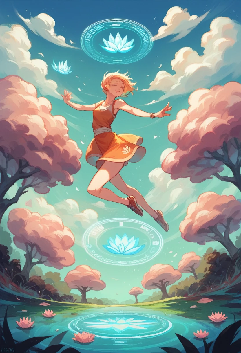 A wide aerial shot of a hyperrealistic young woman in her 20s floating in the air in a lotus position, surrounded by sparkling, holographic, and luminous aura. The scene is set in a park on a sunny summer day with a blue sky and clouds.