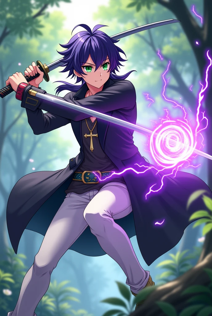 A Genshin impact character, that is average looking, purple hair, mullet haircut, green eyes, soft face but fierce, black overcoat with white pants and tshirt, about 187cm, in a scenery in the woods, where he showcases a three mana circle with purple lightning power and holding a katana sword in his left hand and is swinging it, it is anime style
