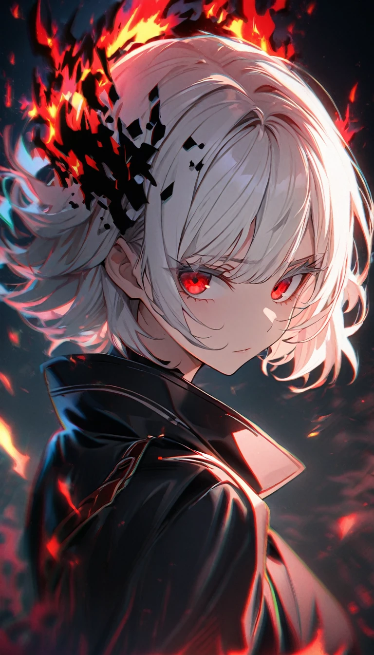  hdr, 1girl, (emotionless:1.1), white hair, half glow red halo, evil godness, red eyes, (white eyelashes:1.2),(chromatic aberration:1.1), solo, digital dissolve, looking at viewer, black coat, wild hair, (mature:1.3), short hair, (black fire aura:1.2), close up