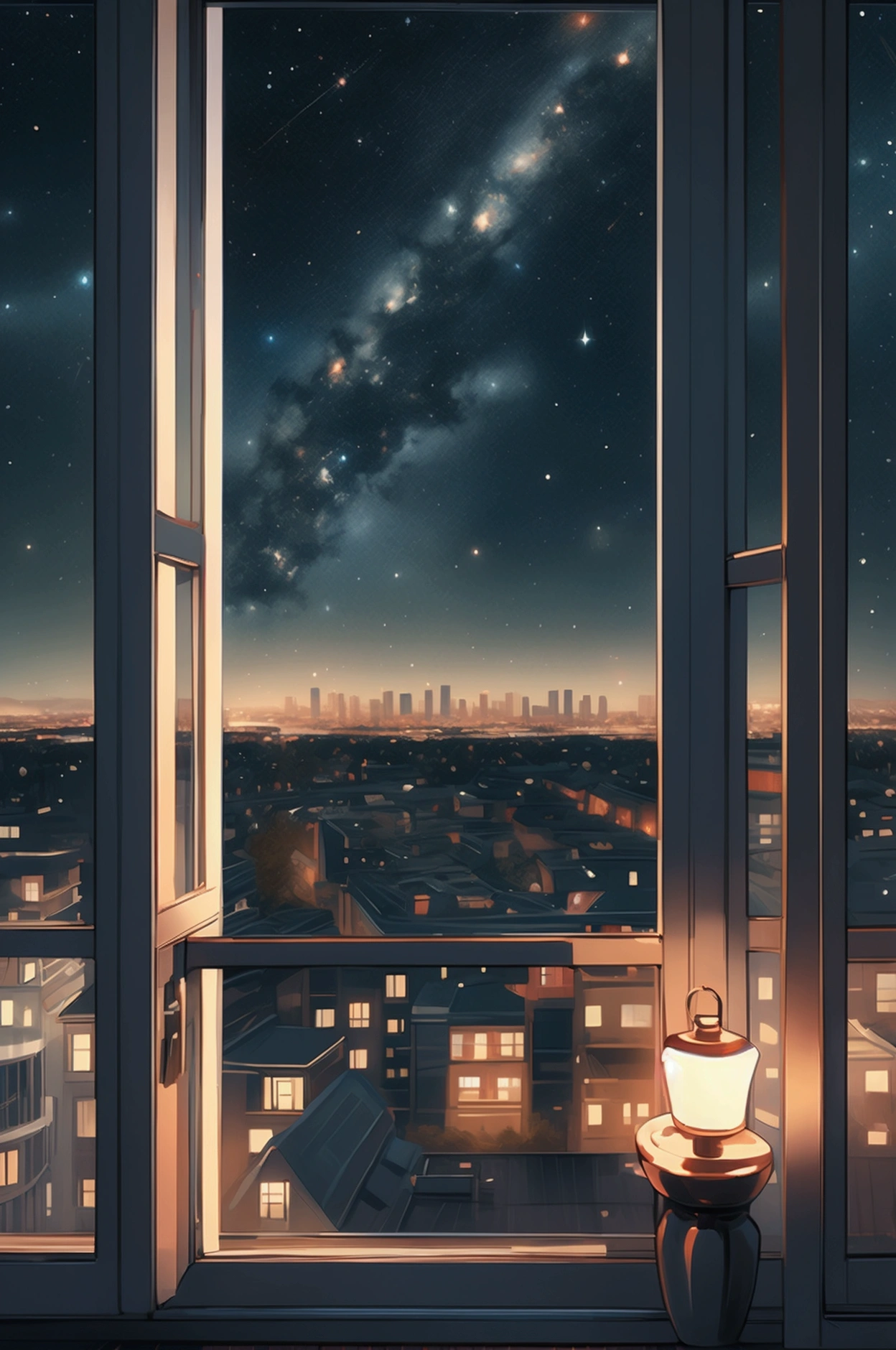 view of a starry night sky, looking from the window of the room on the top floor of a building, view of the entire city.