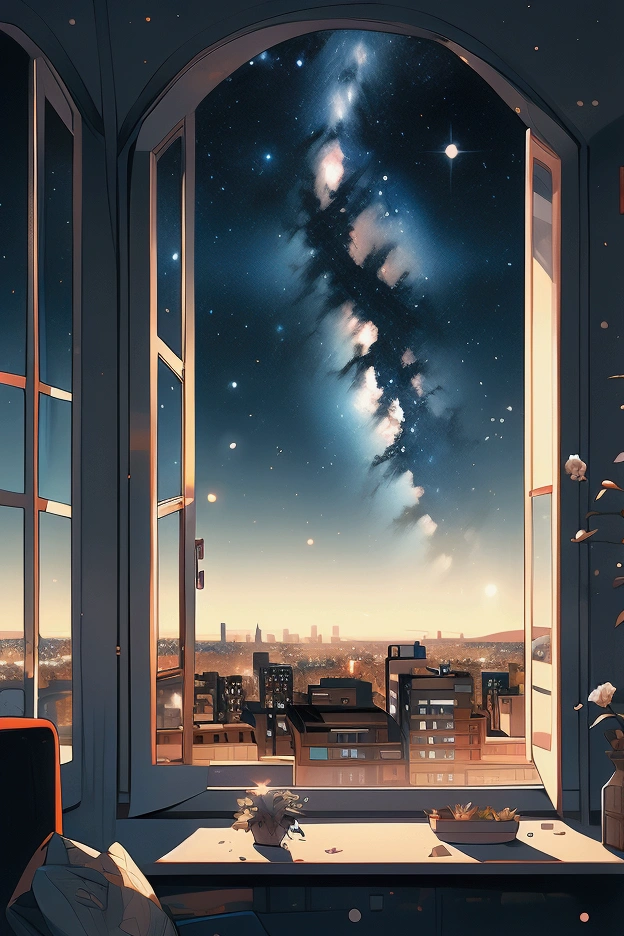 view of a starry night sky, looking from the window of the room on the top floor of a building, view of the entire city.