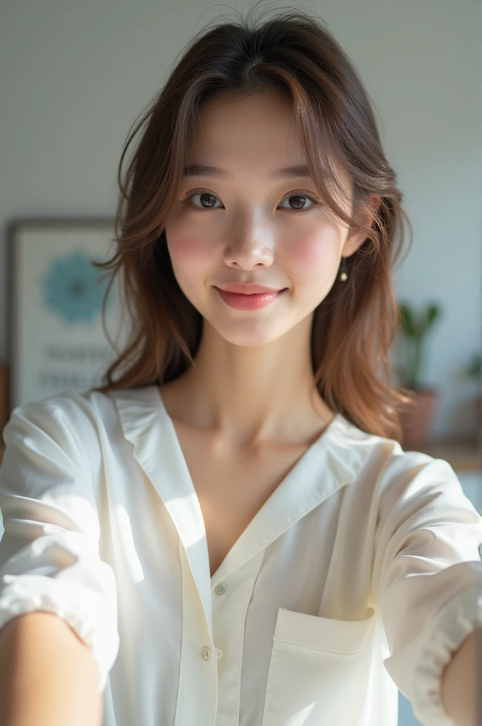 Girl doing selfie, white shirt