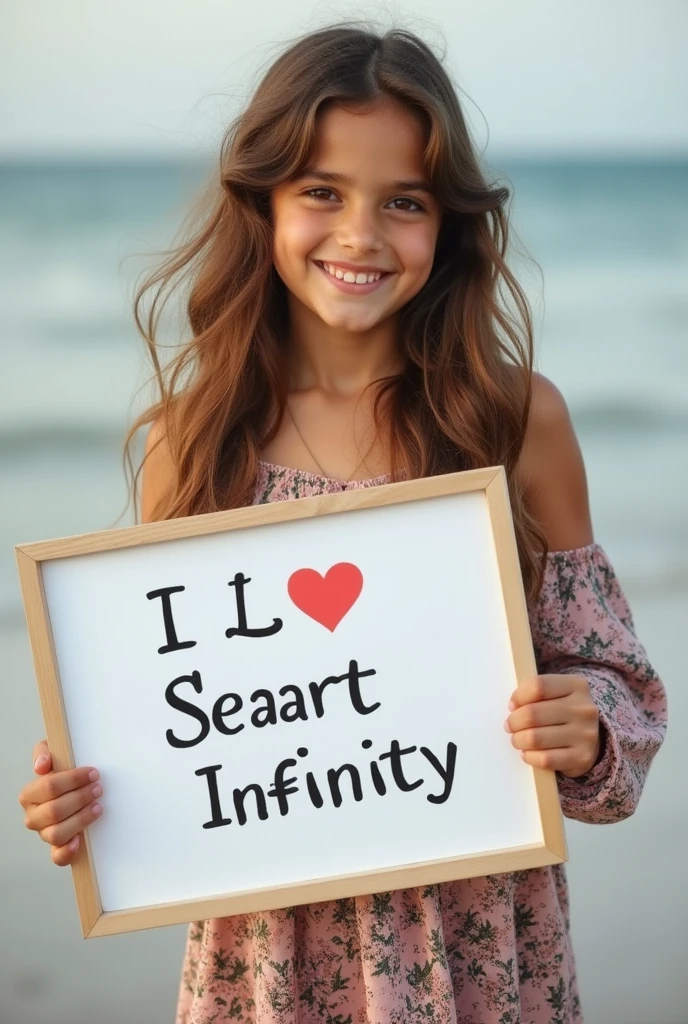 Beautiful girl with wavy long hair, bohemian dress, holding a white board with text "I Love Seaart Infinity" and showing it to the viewer