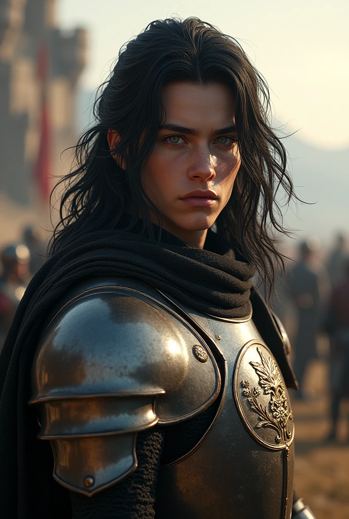 A young medieval knight with long black hair with streaks of white hair
