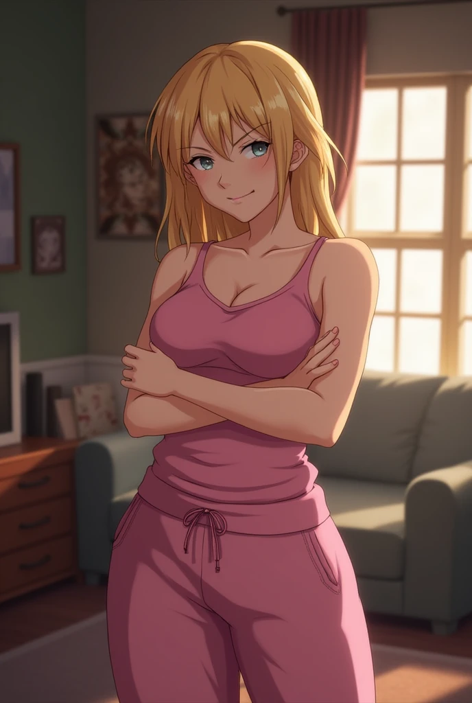 masterpiece, best quality, cowboy shot, solo, 1girl, mlppinkiepie, smile:0.5, looking at viewer, pink tank top, pink sweat pants, living room, indoors,dynamic lighting, slight smile, medium sized breasts