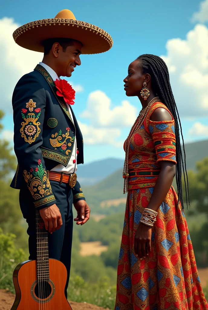 Mexican Mariachi facing a South African Zulu woman

