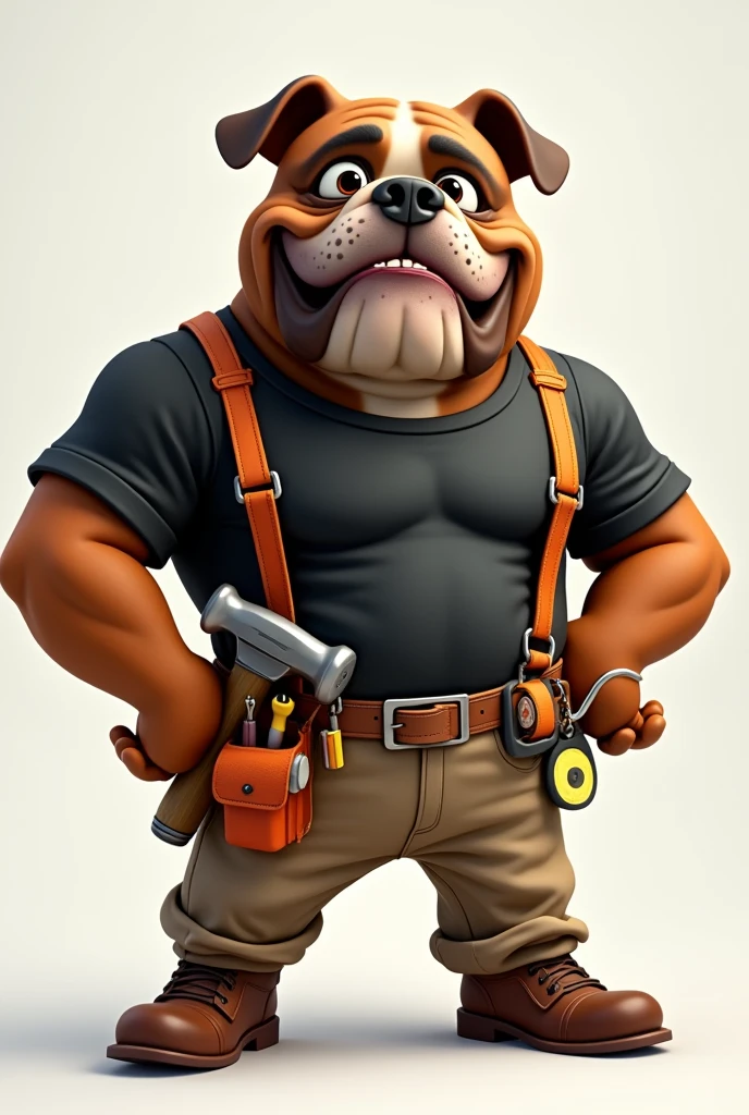 A semi-muscular, masculine and anthropomorphic bulldog with a confident posture and strong behavior. His arms are stretched out in front of him. He has a dark brown coat with a slightly darker brown snout, inner ears and arms. He has a confident smile and two fang teeth coming out of his slight bite. His eyes are expressive with a determined look, and he has a black nose. He is dressed in a black T-shirt, tanned pants and small brown boots. He also uses orange suspenders and a tool belt equipped only with a pencil, a screwdriver, a tape measure and a flashlight. In one hand is a hammer in the other a toy bone. No other tools in the photo.
