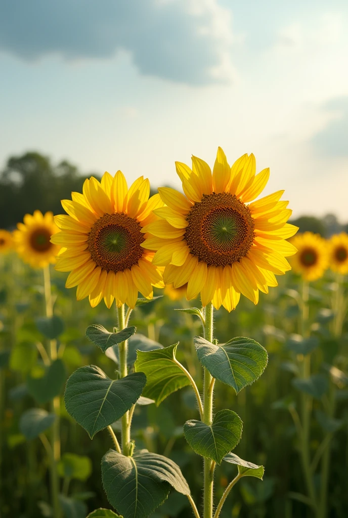 realistic portrait of two sunflowers side by side in the center of a huge lawn with barias flores in the background on a mid-sunny day