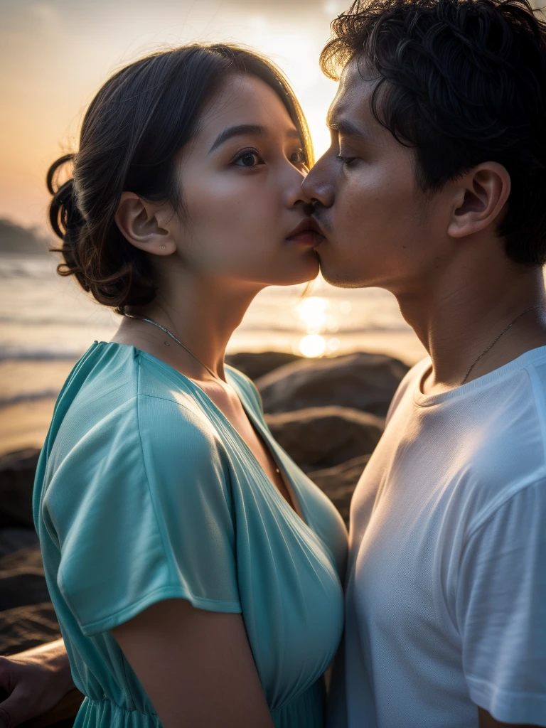 (Detailed wide shot:1.3), (best quality photo:1.5), 1girl and 1man, ((pretty chubby girl)), a girl wearing tropical dress, a man wearing casual style, (messy short wavy hair:1.3), in bali beach, (kissing posing:1.4), real moment, real object, film looks, shadow, sunrise, natural lighting, real skin, (detailed face and eyes:1.4), (very highly detailed:1.4), surreal view, (sharp focus:1.2), shot by 1Dx with 10mm lens, (dynamic angle:1.3), proportional