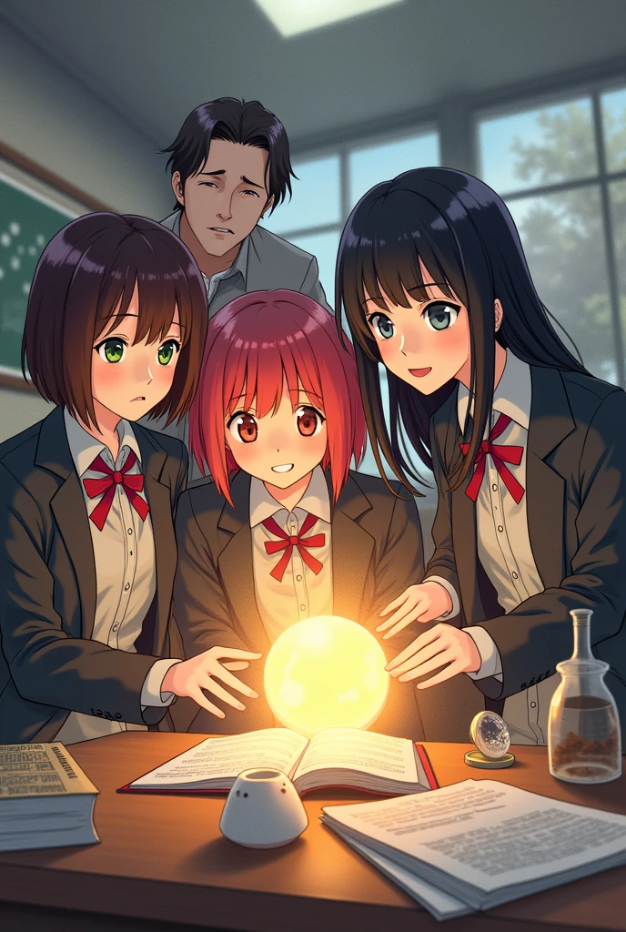The age of metals school work 4 friends one with medium hair with bangs black hair ,other. Redhead white girl,one with eyeliner, long straight black hair and bangs and the last one with medium hair, green eyes and black hair