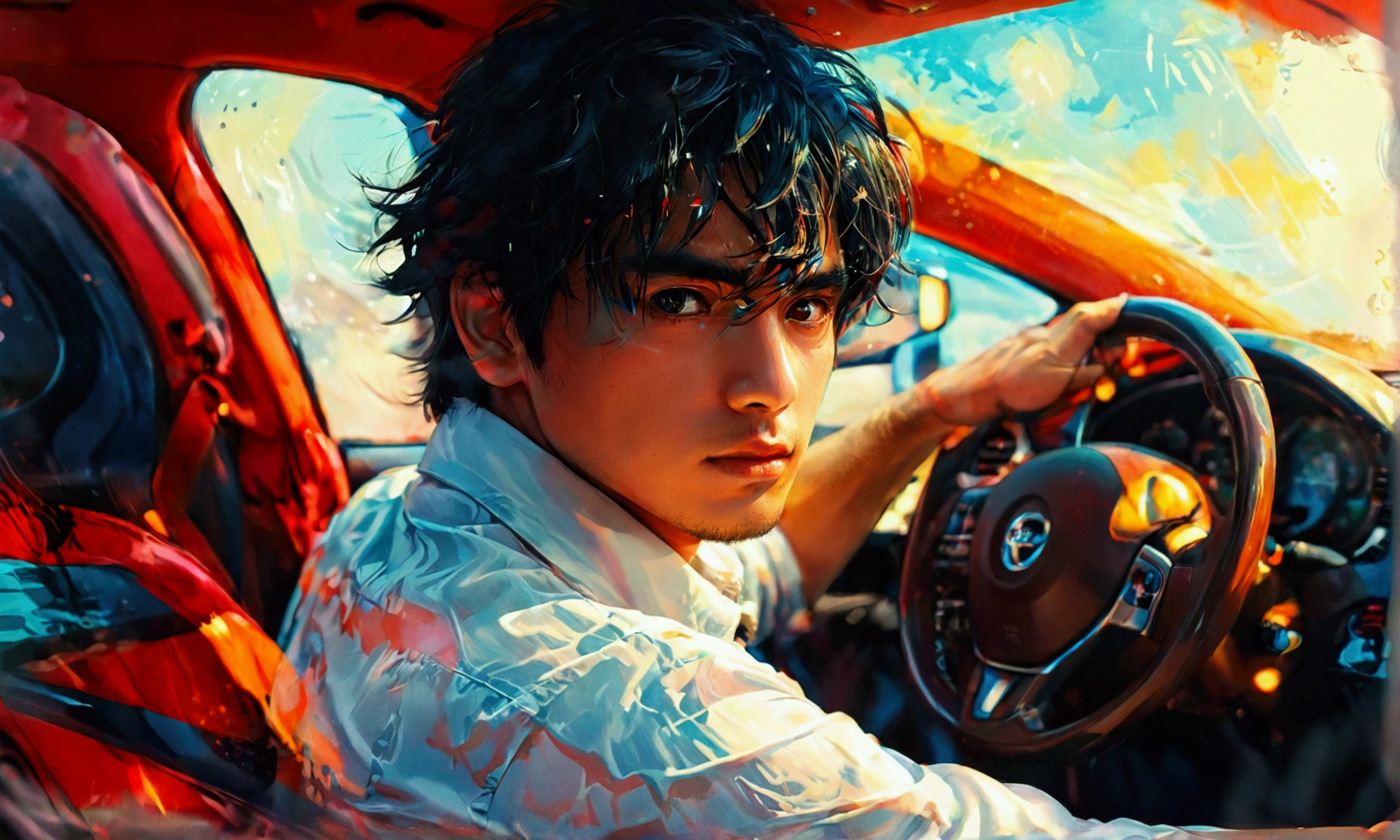 A MAN INSIDE THE CAR DRIVING,manga style art
