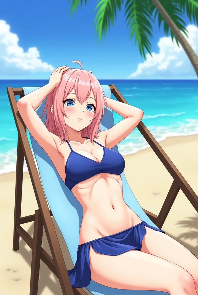 Fischl from genshin impact, lying on a beach chair, hands at the back of a head in swimwear top with split skirt blue color , anime art, beach tress in background, hairs on front of left shoulder