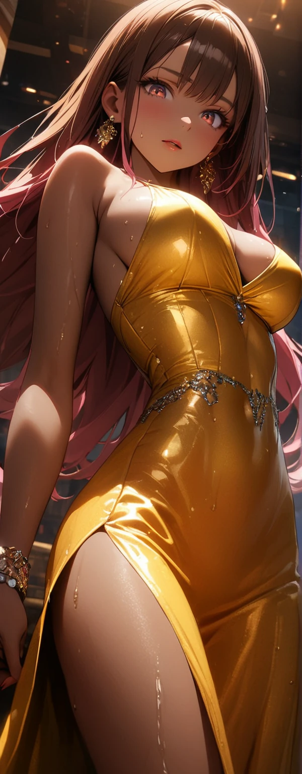 Straight Hair、Brown Hair,((Highly detailed golden sexy dress)), Looks about , (beautiful girl: 1.3),1girl,Highest quality,8k,Highly detailed CG unit wallpaper,masterpiece:1.2,Highest quality,Ultra-high resolution,RAW Photos,Realistic textured skin,Cinema Lighting,lively,Big Eyes,Detailed eyes,Wet,Wet,Watery eyes,weak,Huge building,Metropolis,vapor,big, ((big, round buttocks)),Detailed ass,Large Breasts,Lounge at night,Cyber Pink Background,(Brown Skin:1.3),Beautiful glossy lipstick、Perfect Makeup、Ultra-high definition beauty face、Shining Bracelet、Beautiful earrings,((Seductive pose)),(from below:1.3),(looking down, watching at Viewer:1.3)