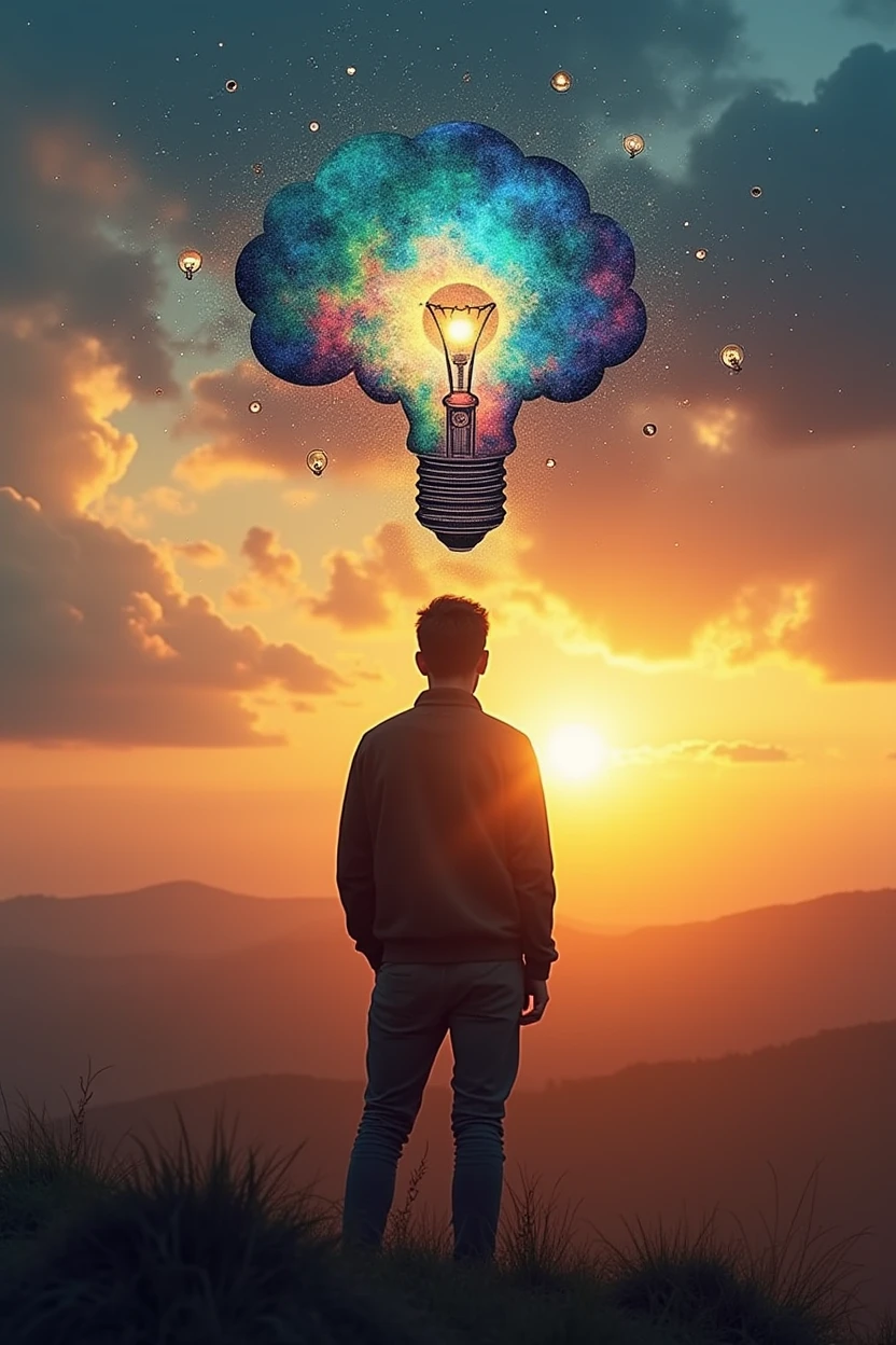 a man with his back looking at the horizon with all his ideas flowing from his mind