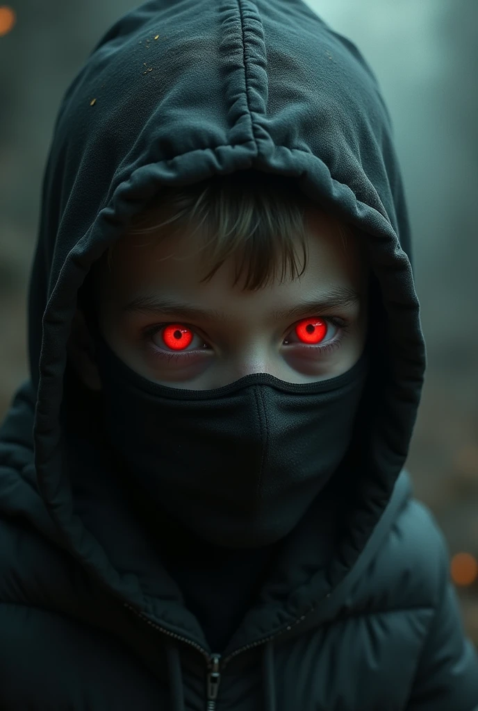 A boys eys is red and he is wearing mask dangerous background aesthetic